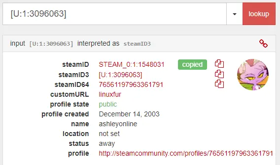 Example Steam lookup