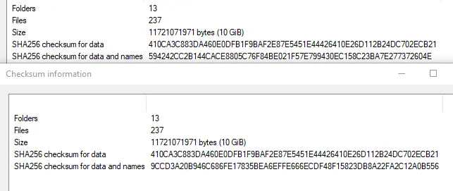 SHA256 checksums for both folders post-extraction.