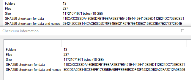 SHA256 checksums for both folders post-extraction.